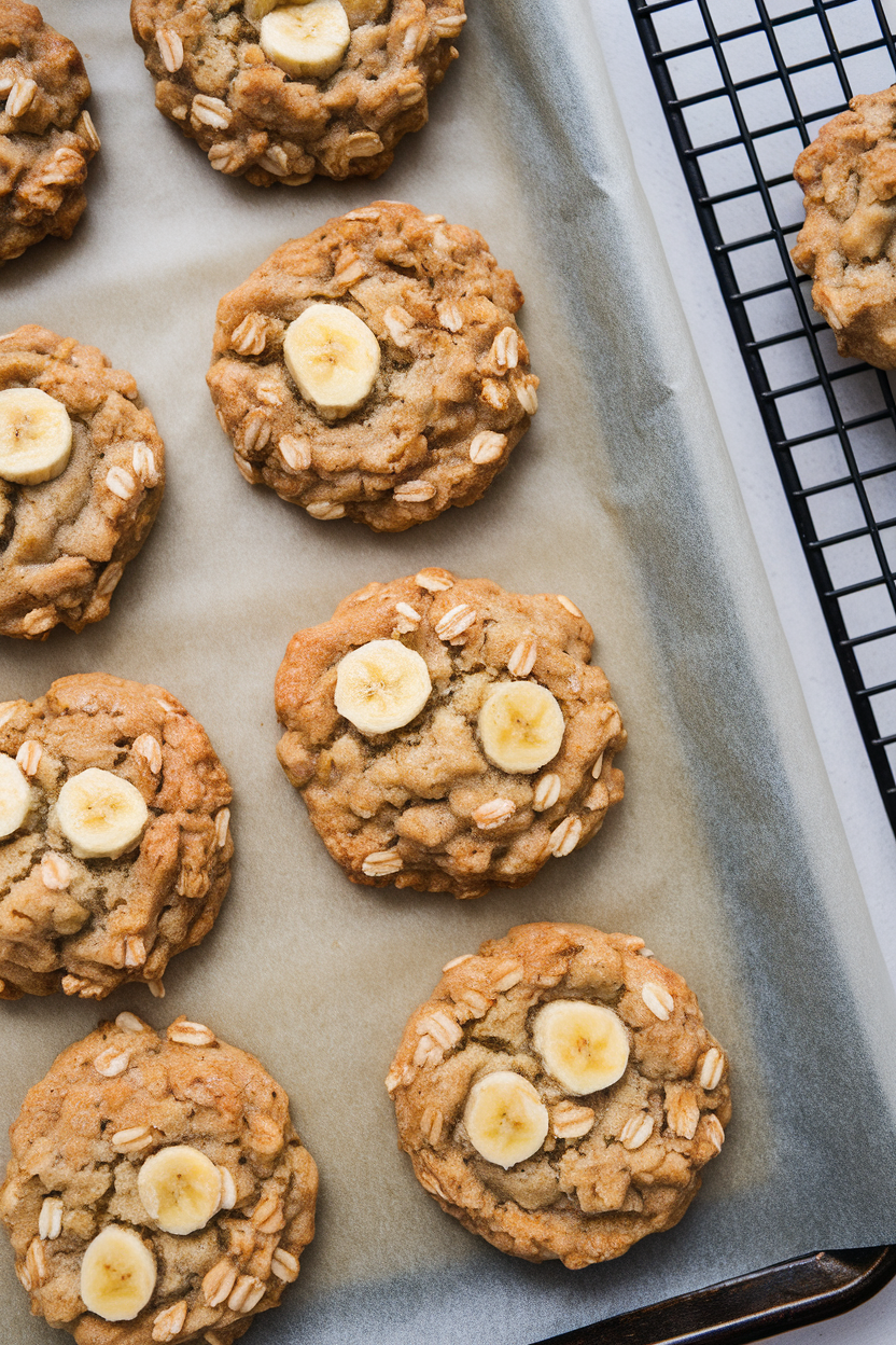 An indoor cookie sheet lined with parchment and studded with freshly baked oat-banana cookies, a cooling rack nearby. Photo only, no text or logos.