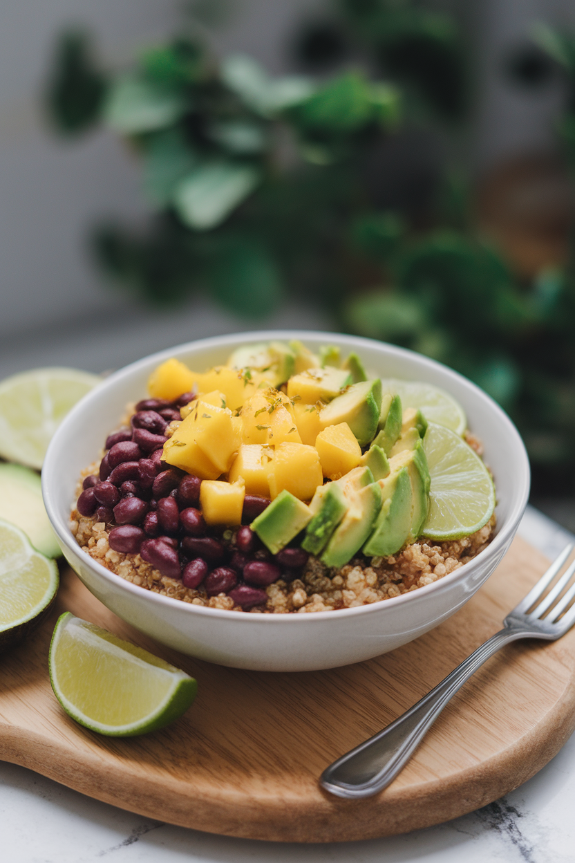 Indoor photo of a quinoa bowl topped with black beans, diced mango, avocado, and lime wedges; no text or logos.