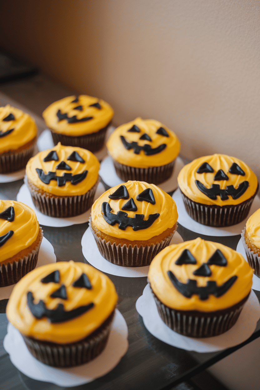 Indoor image of bright yellow cupcakes with jack-o’-lantern faces piped in black icing on a smooth lemon curd glaze; no text or logos