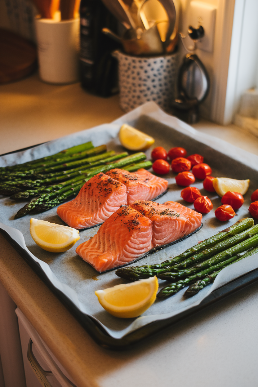A parchment-lined sheet pan on an indoor countertop, holding cooked salmon fillets surrounded by roasted asparagus and cherry tomatoes, lemon wedges scattered around. Warm kitchen lighting, no text or logos.