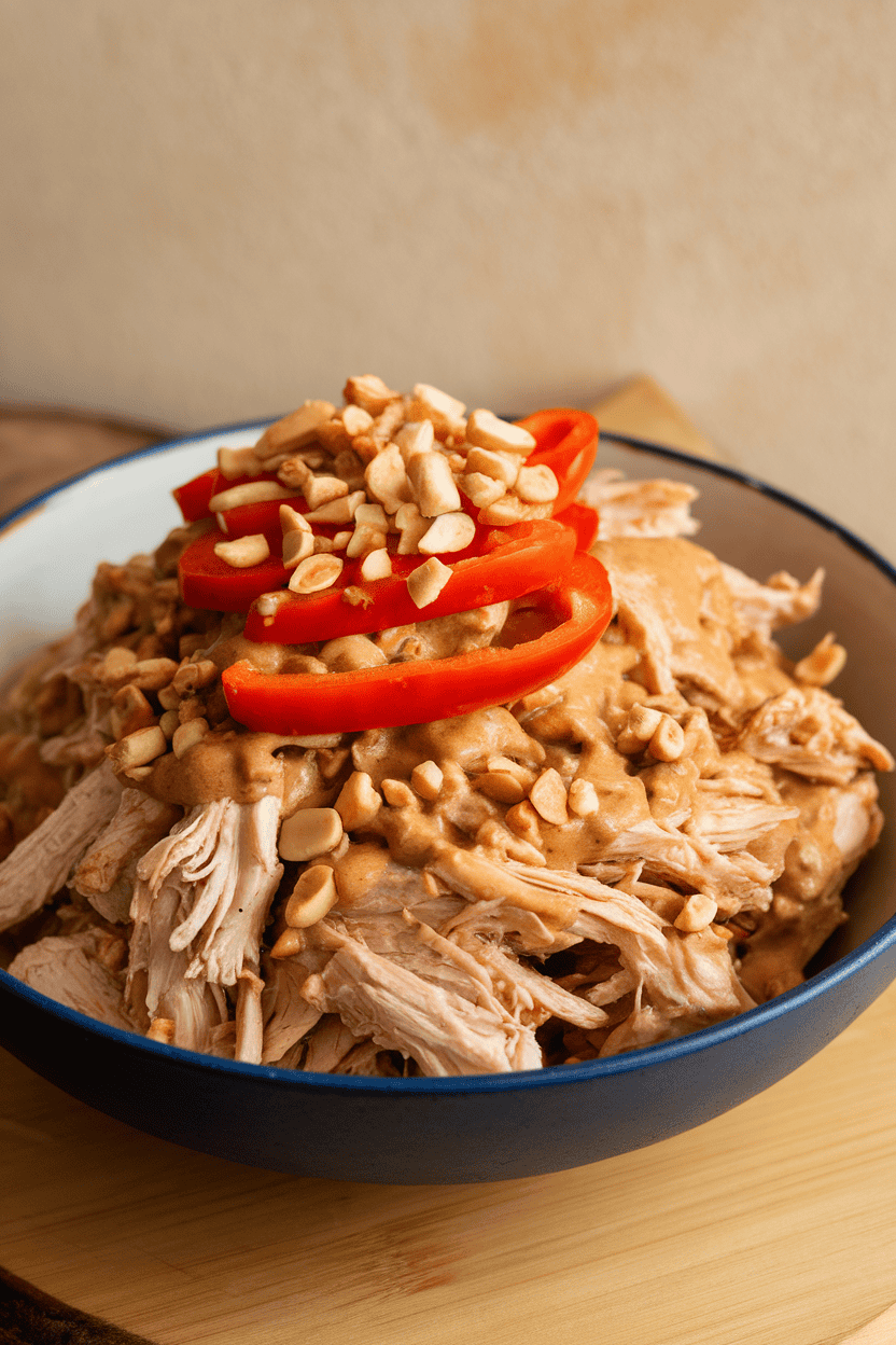 A bowl indoors of shredded chicken coated in light peanut sauce, topped with sliced red bell pepper and chopped peanuts. No text or logos.