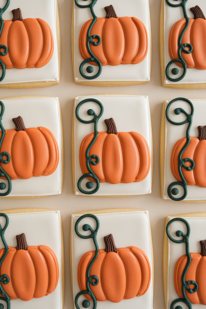 Indoor photo of rectangular cookies featuring an orange pumpkin and curling green vines painted on a pale background, no text or logos.