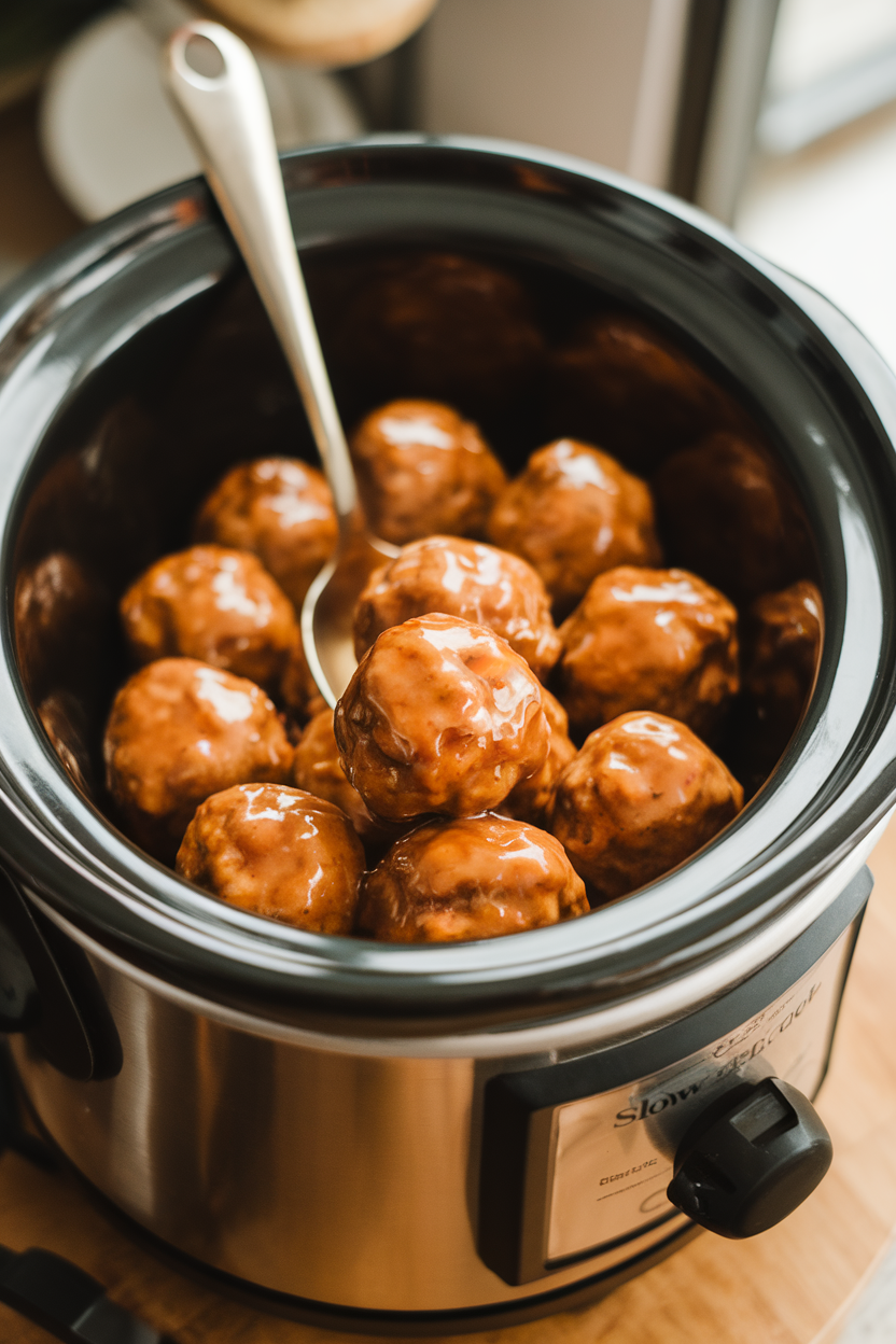 A small indoor slow cooker filled with glossy maple-glazed meatballs, a serving spoon resting on the side. Steam rises slightly, no brand names or text. Photo only.