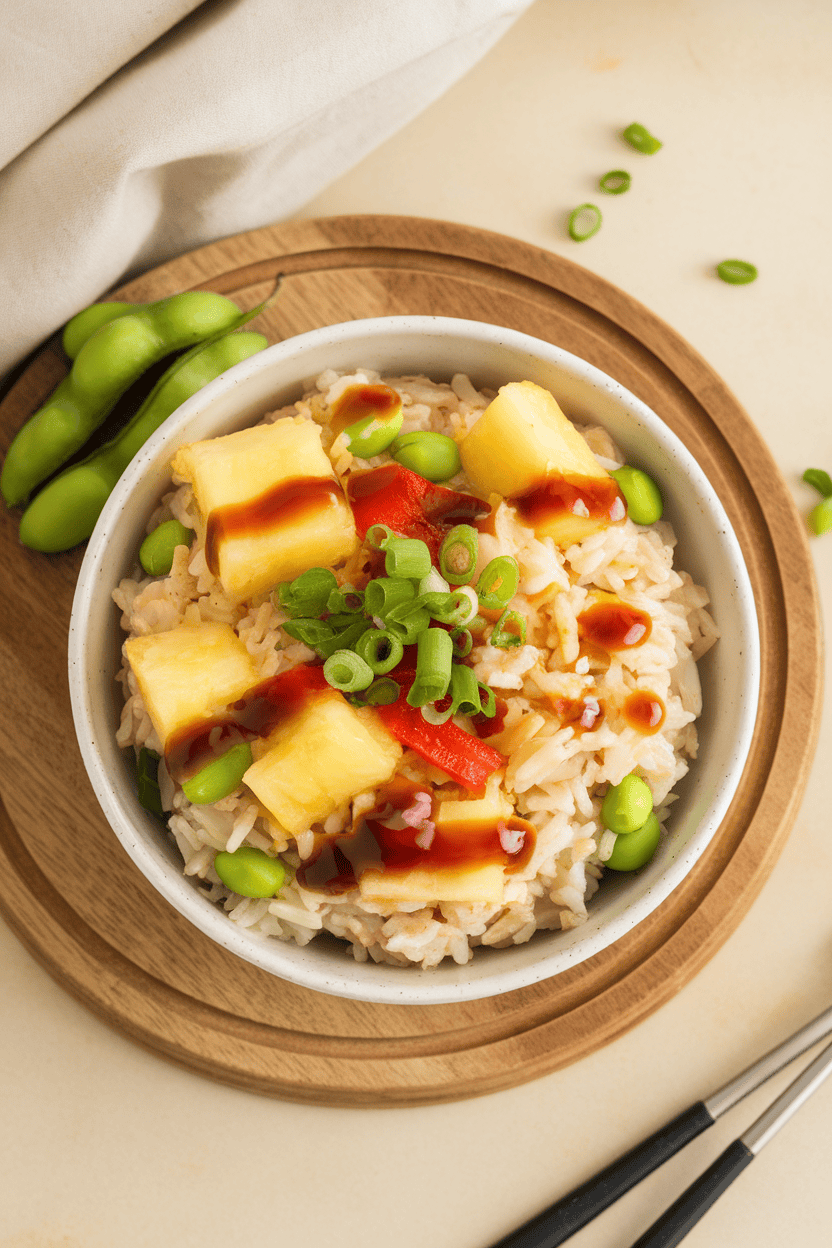 Overhead indoor photo of jasmine rice studded with pineapple chunks, edamame, red bell pepper, and teriyaki glaze; no logos.