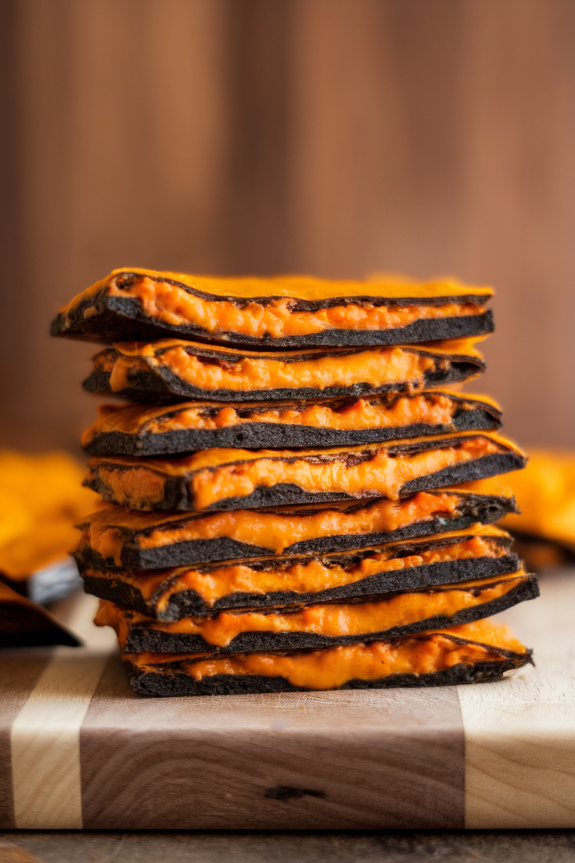 An indoor cutting board with charcoal-colored tortillas sandwiching melted cheddar and pumpkin puree, sliced into skinny wedges and stacked. No text or logos. Photo, not illustration.