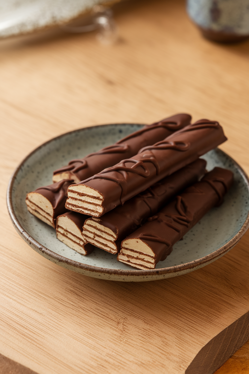 Photo of indoor ceramic plate with several chocolate-coated wafer sticks broken to show crisp layers; soft focus background, no text or logos
