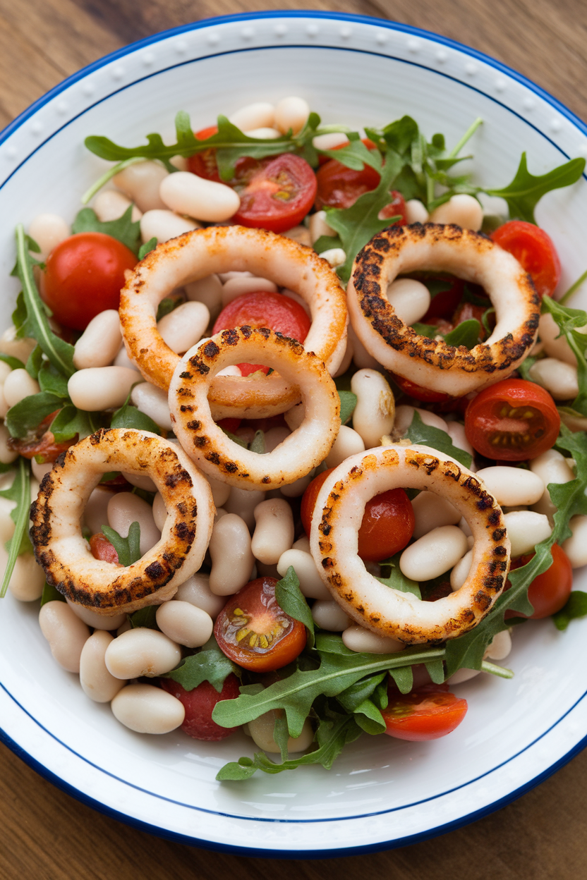 An indoor plate featuring rings of grilled calamari atop a white bean, tomato, and arugula salad. No logos or text.