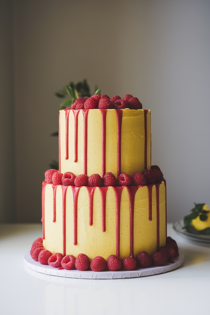 A two-tier yellow cake indoors frosted in bright lemon buttercream with cascading raspberry coulis drips, fresh raspberries at the base. Photo only, no text or logos.
