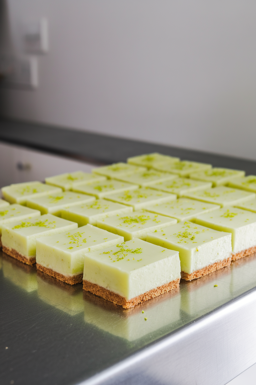 Indoor kitchen counter with neat rows of key lime squares, pale green filling and graham base, lime zest sprinkled on top. No text or logos.