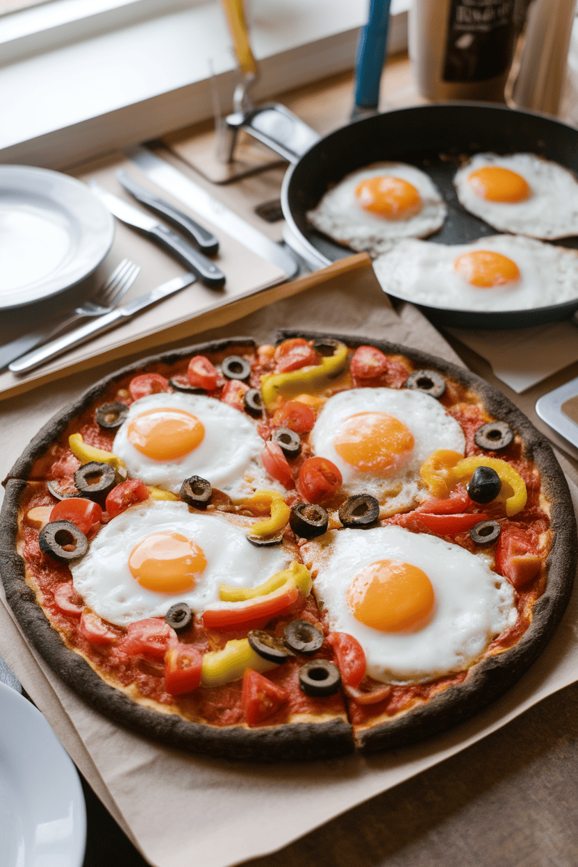 Indoor breakfast nook featuring a dark-crust pizza with sunny-side eggs glowing like moons against the backdrop. No text or logos.