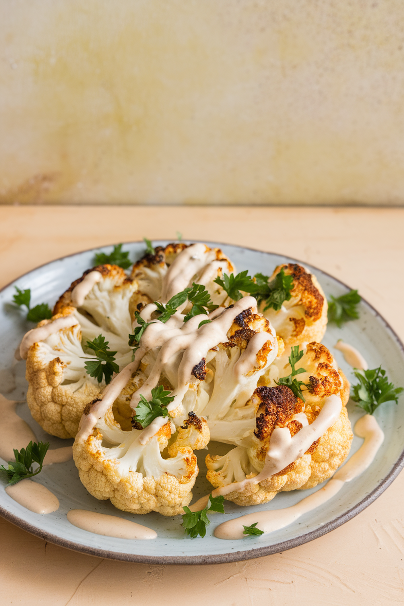 Roasted cauliflower florets drizzled with creamy tahini sauce and sprinkled with parsley, arranged on an indoor plate; no text or logos. Photo only.