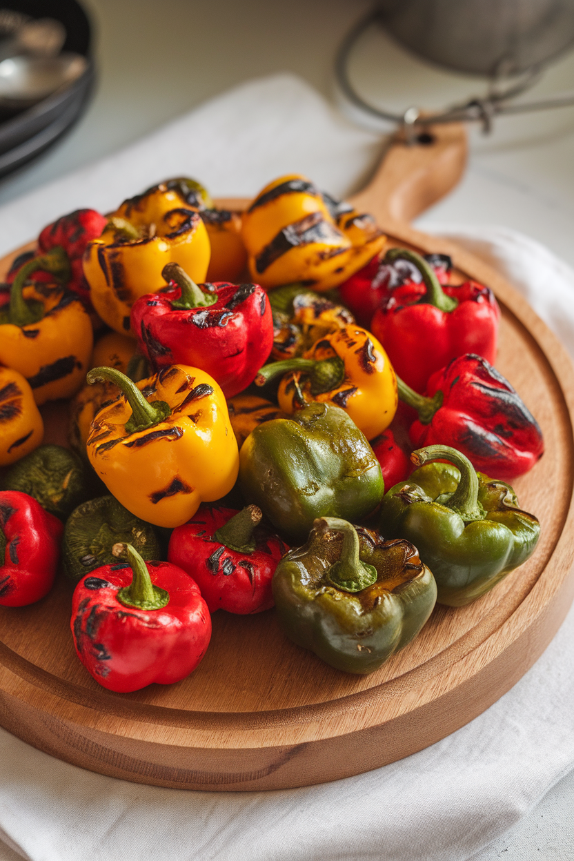 An indoor serving board piled with charred mini bell peppers brushed lightly with olive oil; vivid colors pop, no text or logos. Photo only.