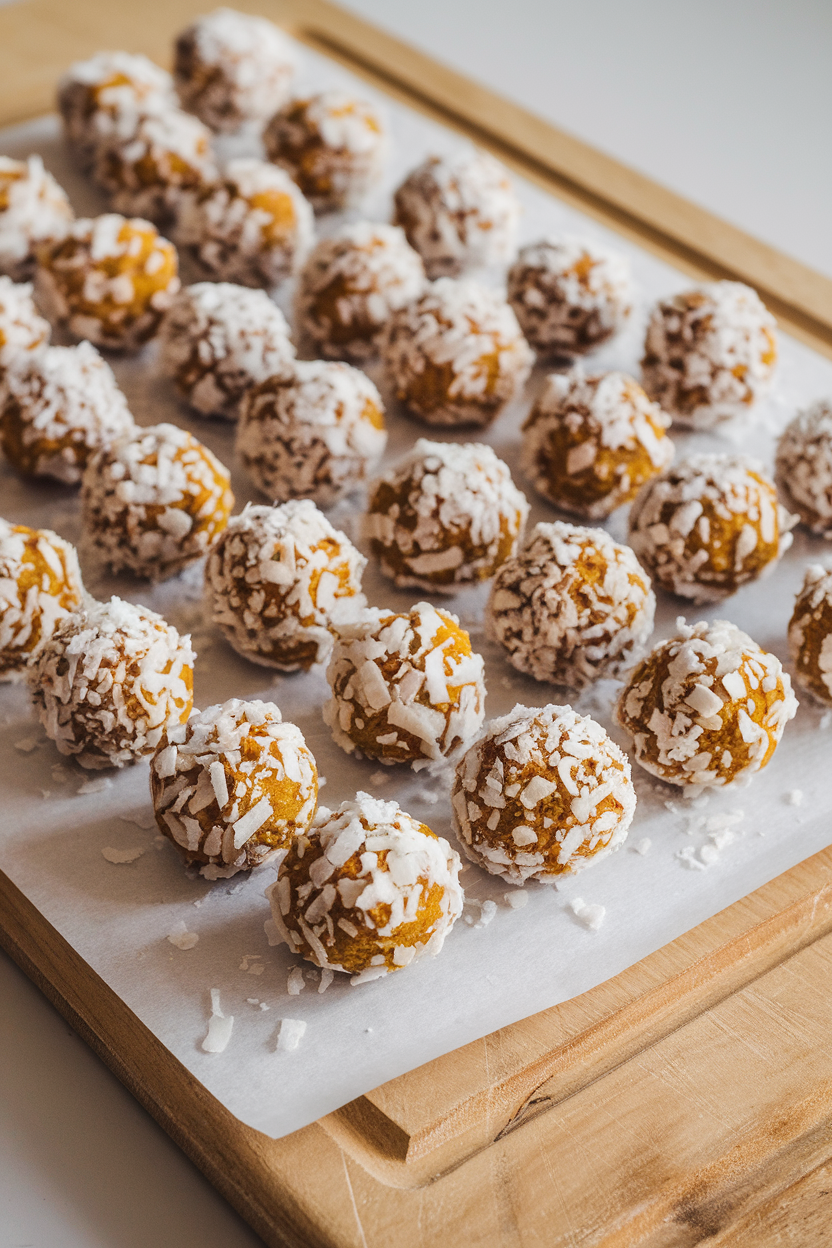 An indoor wooden board lined with pumpkin-colored energy balls rolled in shredded coconut and pumpkin pie spice, neatly arranged in rows. No text or logos.