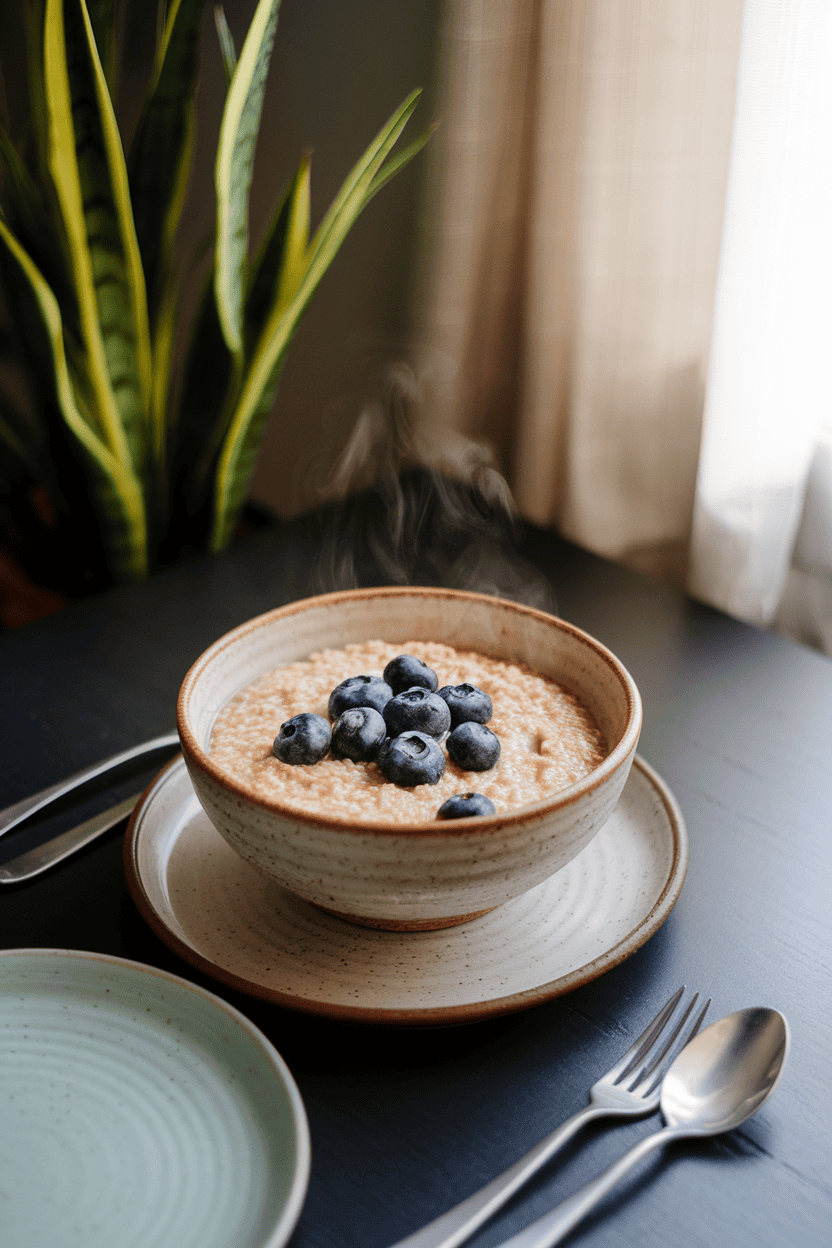 An indoor dining table with a ceramic bowl of warm millet porridge topped with scattered cooked blueberries and a drizzle of almond milk, steam gently rising. Photo only, no logos.