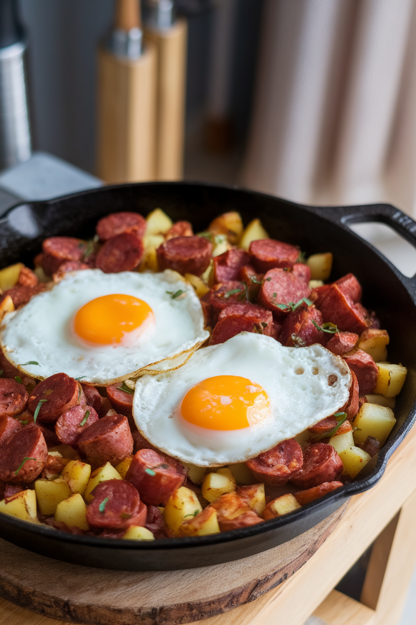 Indoor photo of cast-iron skillet hash with crispy chorizo, diced potatoes, and fried eggs on top, no text or logos. Photograph, not illustration.