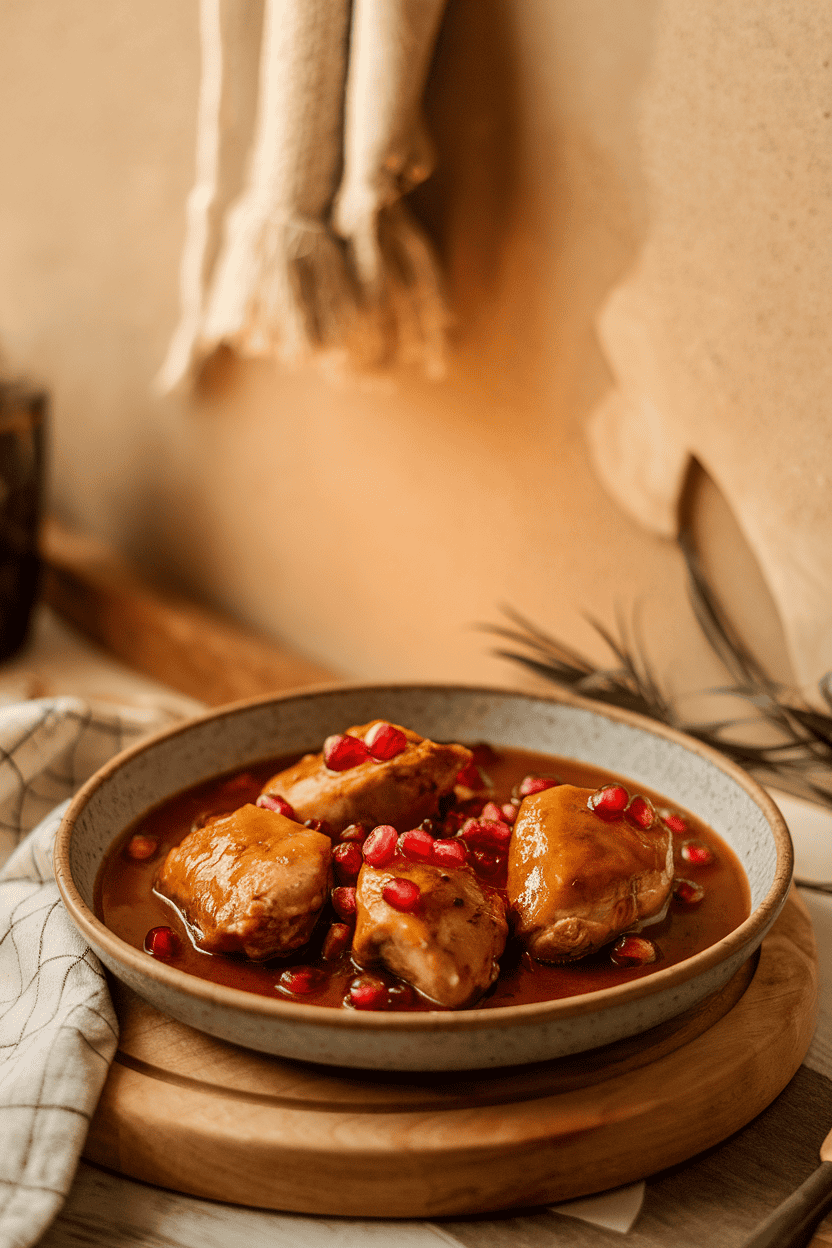 Indoor dinner table with a shallow bowl of braised chicken pieces in a glossy pomegranate-walnut sauce, garnished with fresh pomegranate arils. No text or logos. Photo, not illustration.