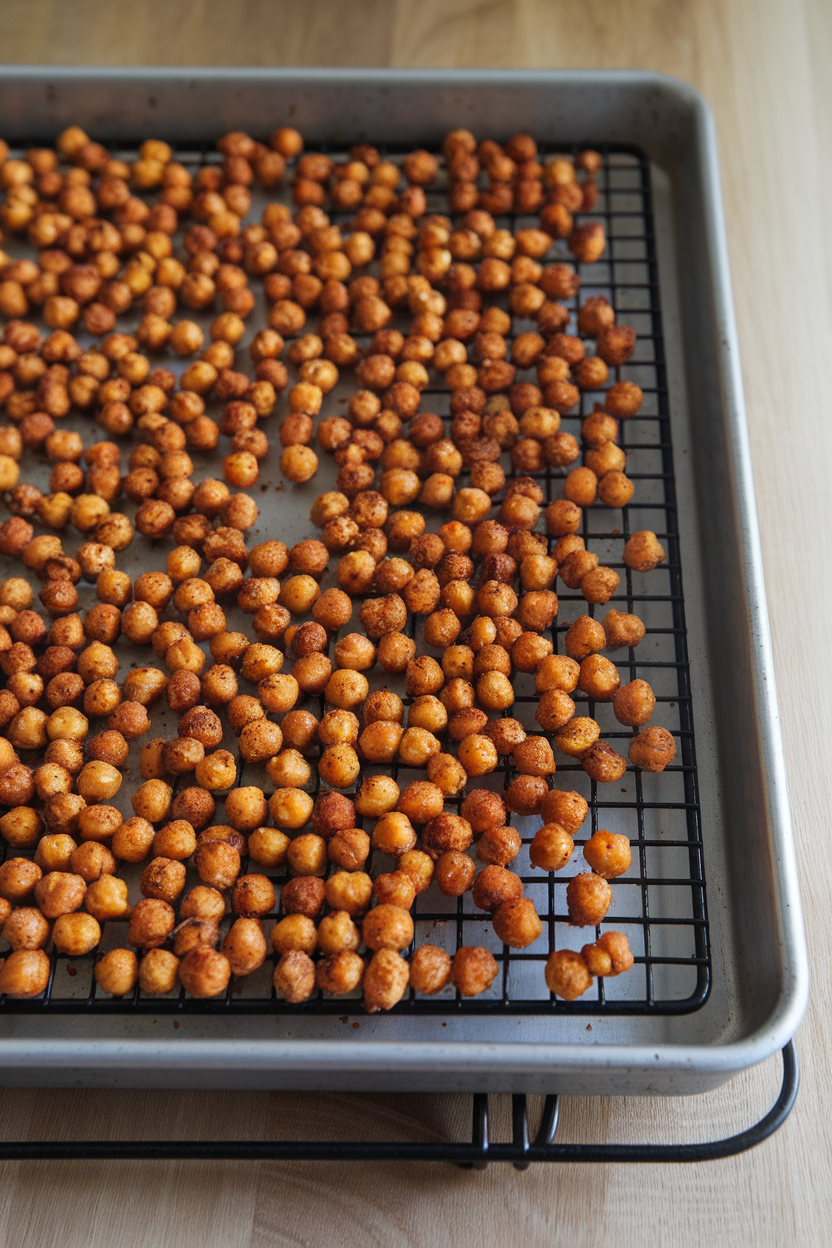Indoor photo of a baking sheet filled with roasted chickpeas coated in paprika and cumin, cooling on a rack; no text or logos