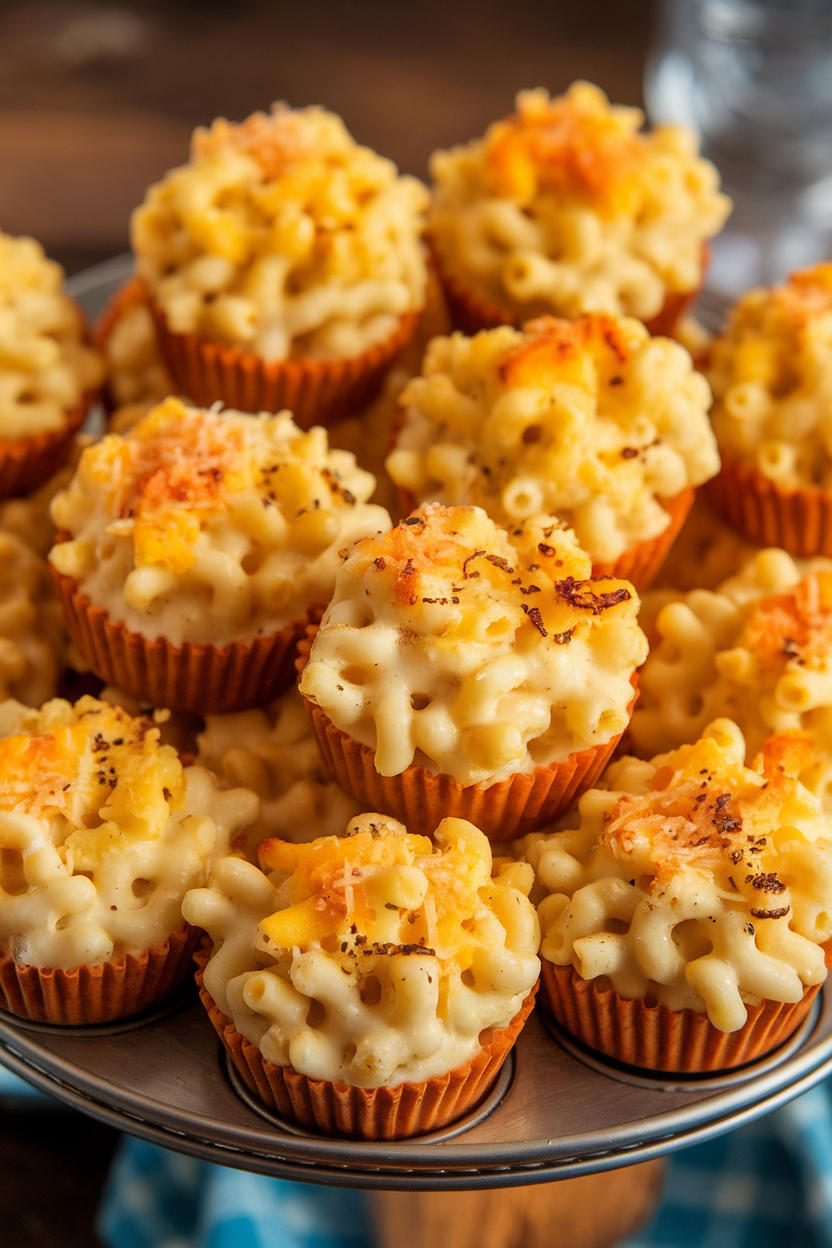Indoor party platter with mini muffin-sized baked mac and cheese rounds, tops lightly browned. Photo, no text or logos.