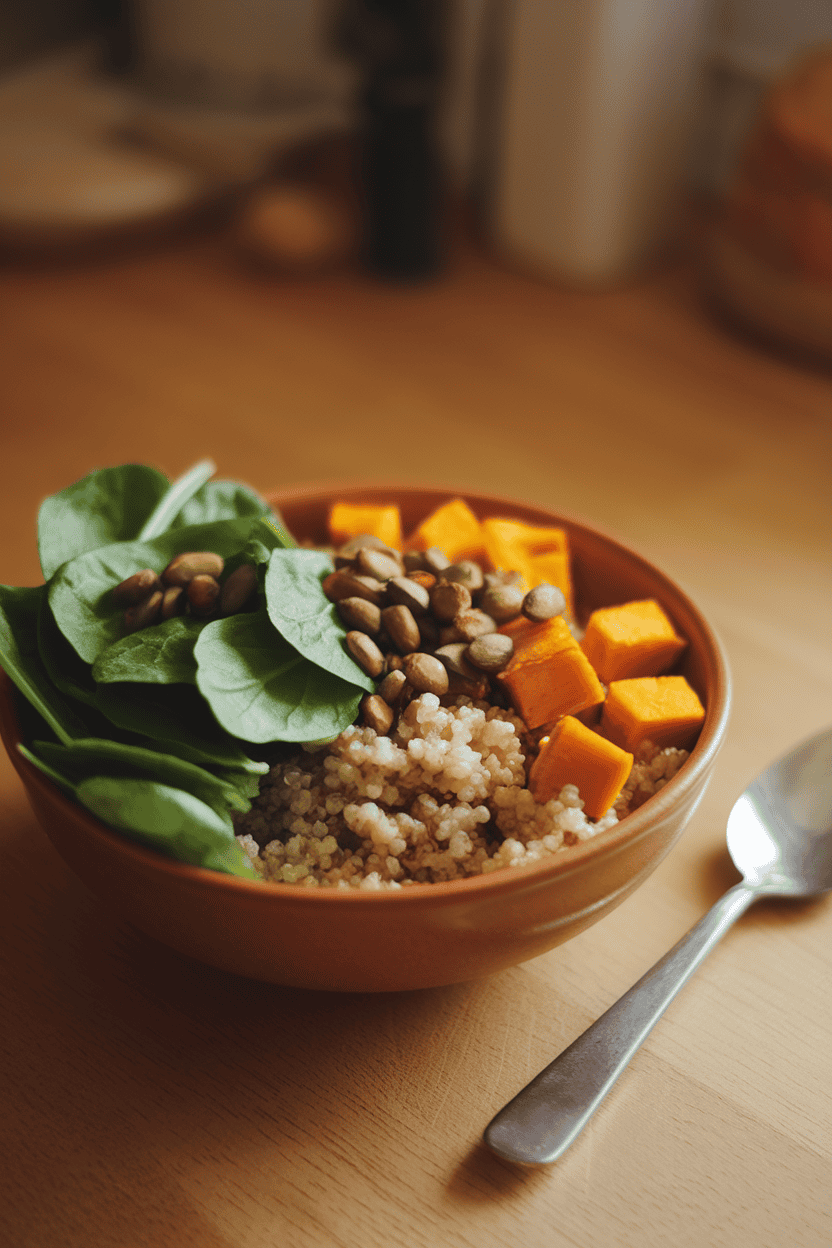 Warm indoor shot of baby spinach leaves, quinoa, roasted pumpkin cubes, and toasted pepitas in a bowl; no logos.