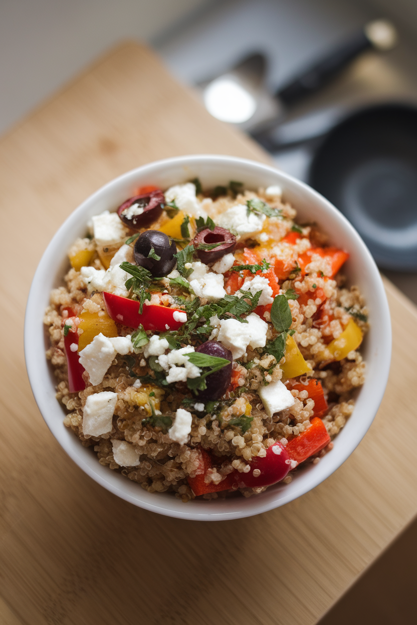 Indoor photo of a bowl of quinoa mixed with diced bell peppers, feta crumbles, olives, and chopped herbs, captured overhead. No text or logos.
