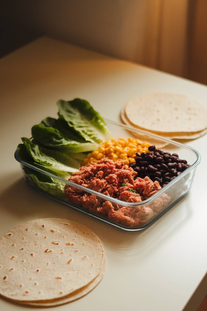 A softly lit indoor tabletop with a prep container holding seasoned ground turkey, black beans, corn, and crisp romaine leaves ready for assembling wraps. No text or logos anywhere in scene. Photo only.