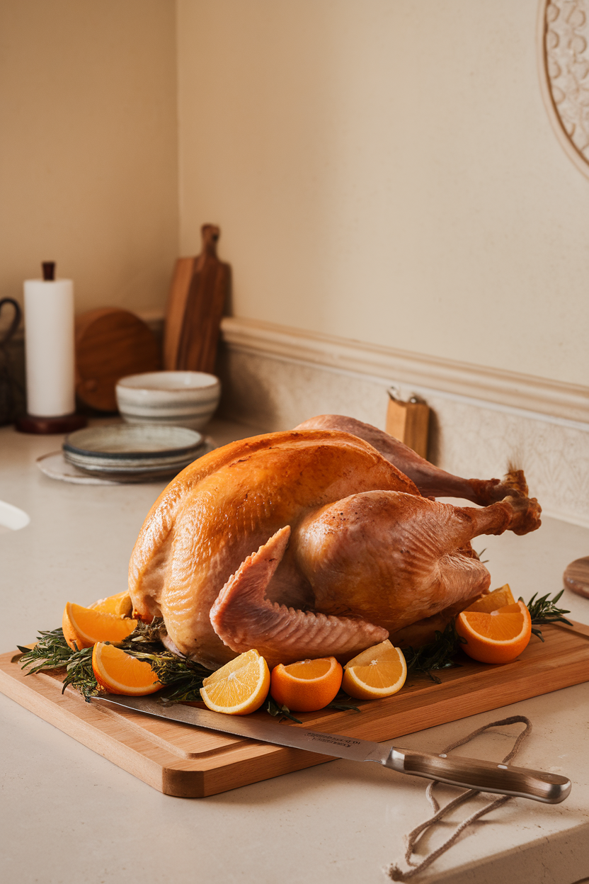 Photo of an indoor kitchen counter with a golden whole turkey on a carving board, garnished with orange and lemon wedges; no text or logos