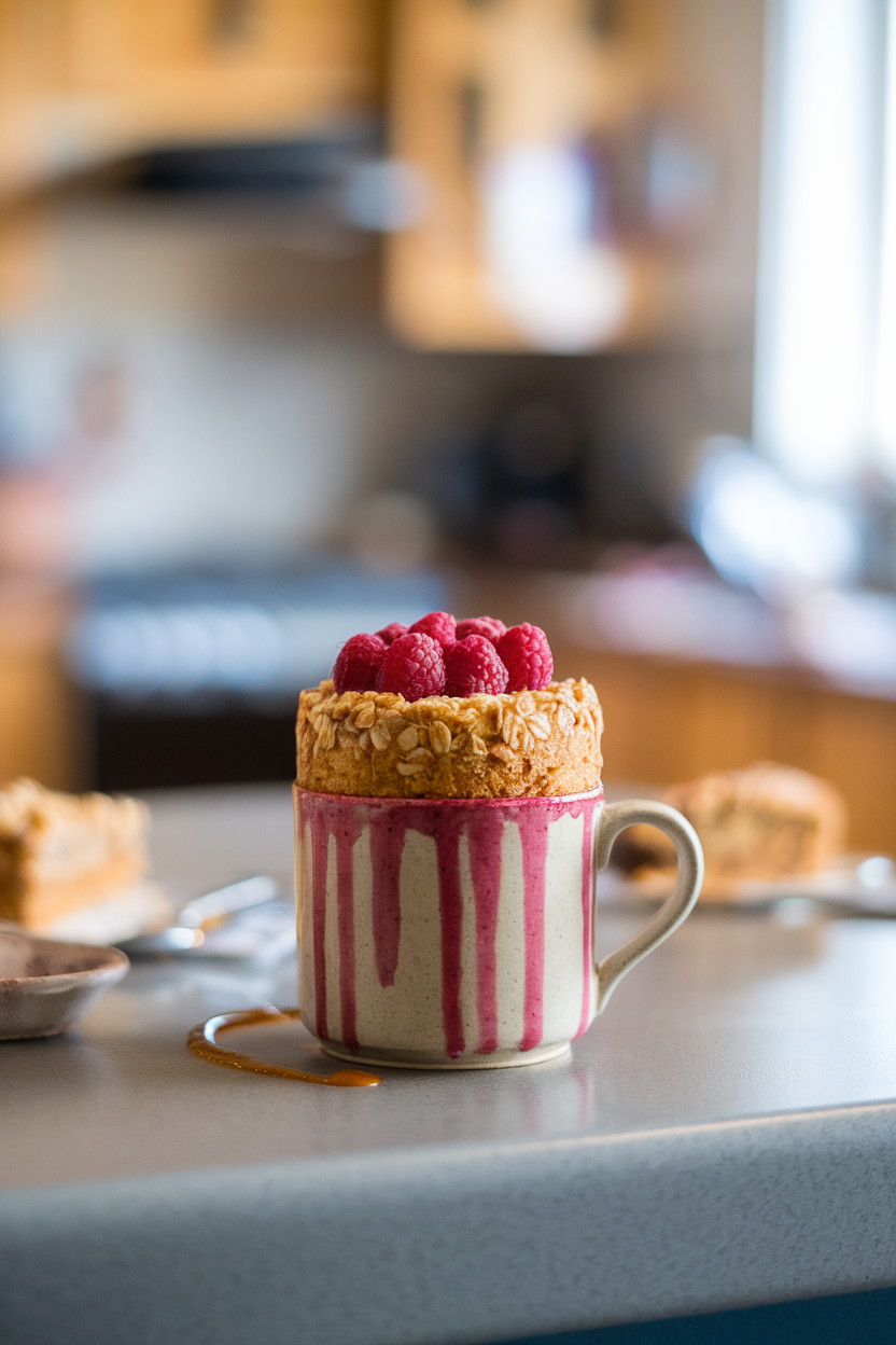 A mug on an indoor countertop with a risen oat-flax cake inside, topped with fresh raspberries, shot at eye level. No text or logos included.