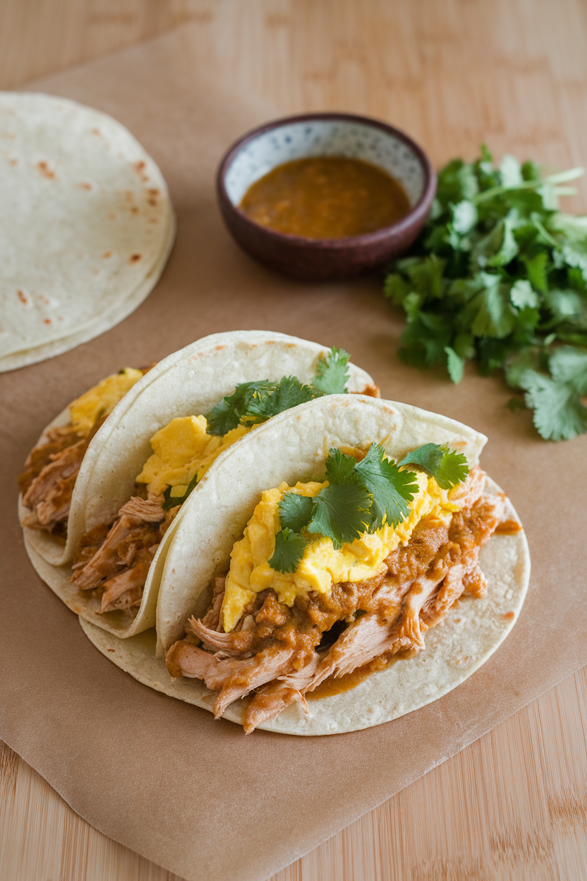 Indoor countertop with small corn tortillas filled with shredded chicken tossed in salsa verde, scrambled eggs, and cilantro. No text or logos.