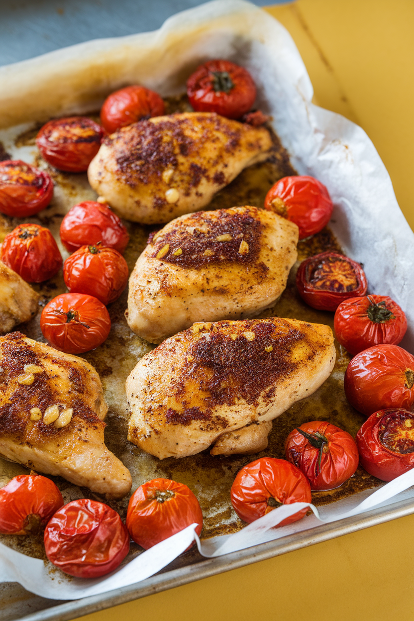 Indoor photo of sheet-pan chicken with za’atar, garlic, and roasted cherry tomatoes, styled on baking paper; kitchen light, no text or logos