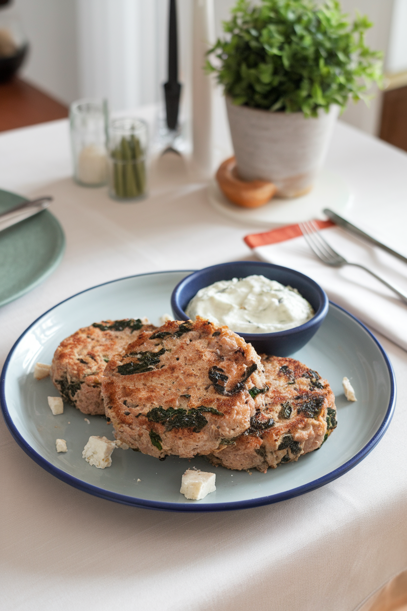 A plate on an indoor dining table showing cooked turkey burger patties flecked with spinach and feta, a small bowl of tzatziki on the side. Photo only, no logos or text.