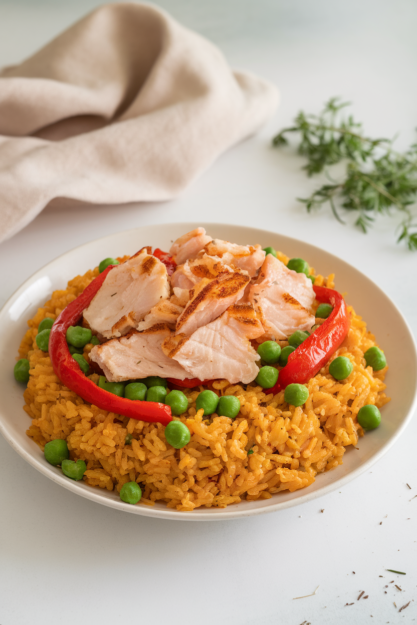 Indoor photo of saffron rice topped with cooked cod flakes, peas, and roasted red peppers. No logos or text.