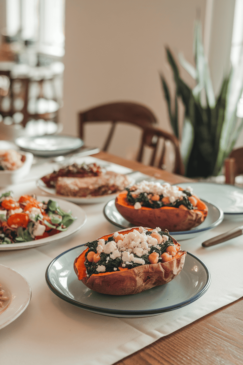 An indoor dining table with halved baked sweet potatoes filled with spinach, chickpeas, and feta crumbles. Photo only, free of text or logos.