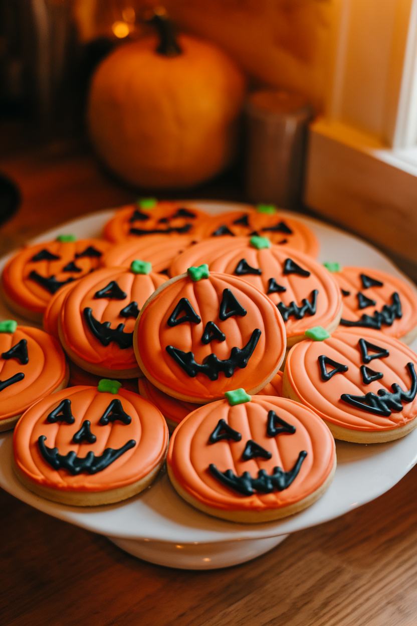 Indoor photo of round sugar cookies iced a vibrant orange and decorated with cheerful jack-o'-lantern faces, arranged on a white platter, warm kitchen lighting, no text or logos.