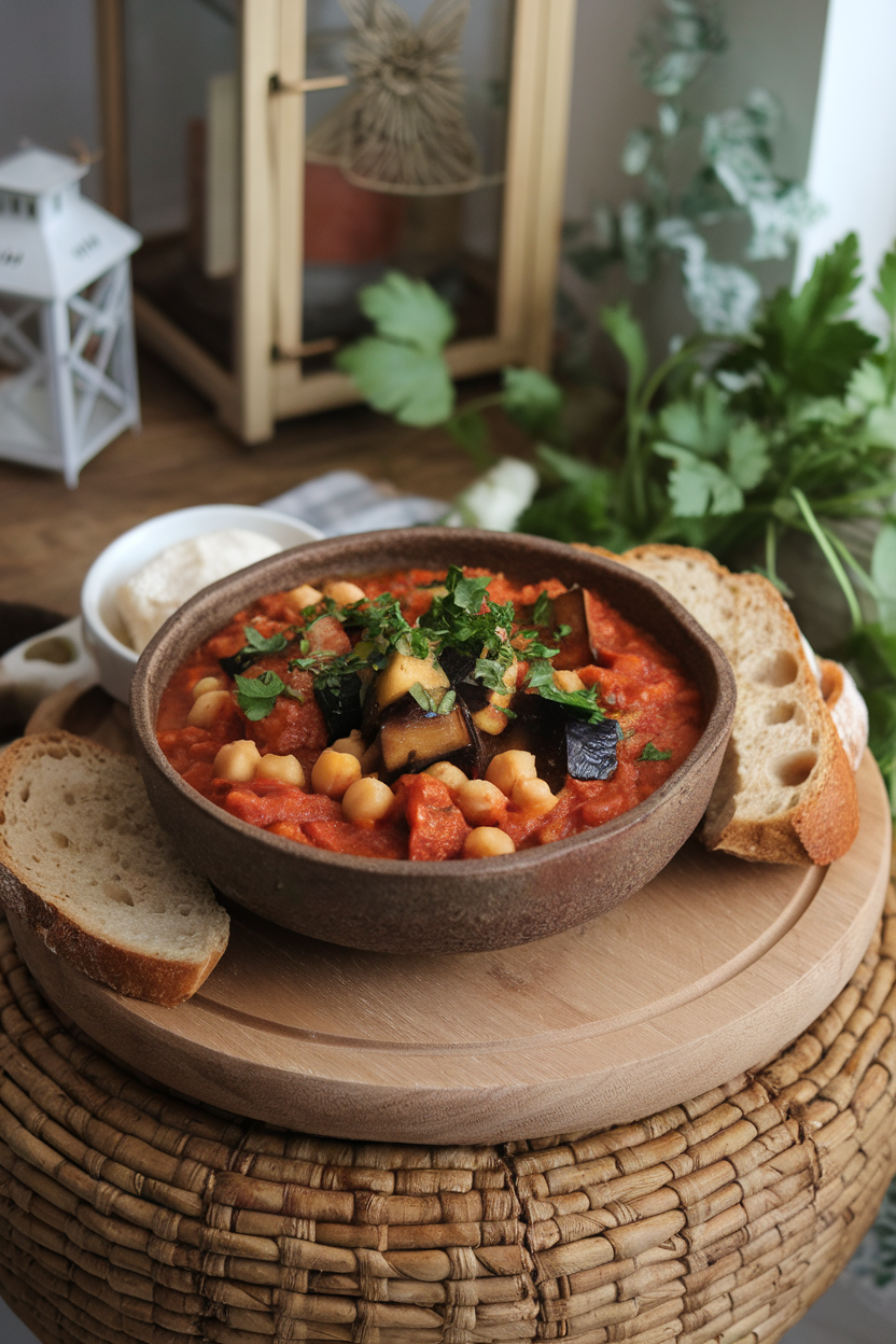A cozy indoor dining nook with a rustic bowl of chunky tomato-based stew featuring cooked chickpeas and roasted eggplant cubes, topped with chopped parsley. No text or logos; photography only.