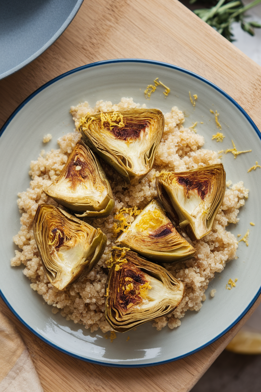 Overhead indoor image of quartered roasted artichokes atop quinoa, lemon zest sprinkled over; no logos or text.