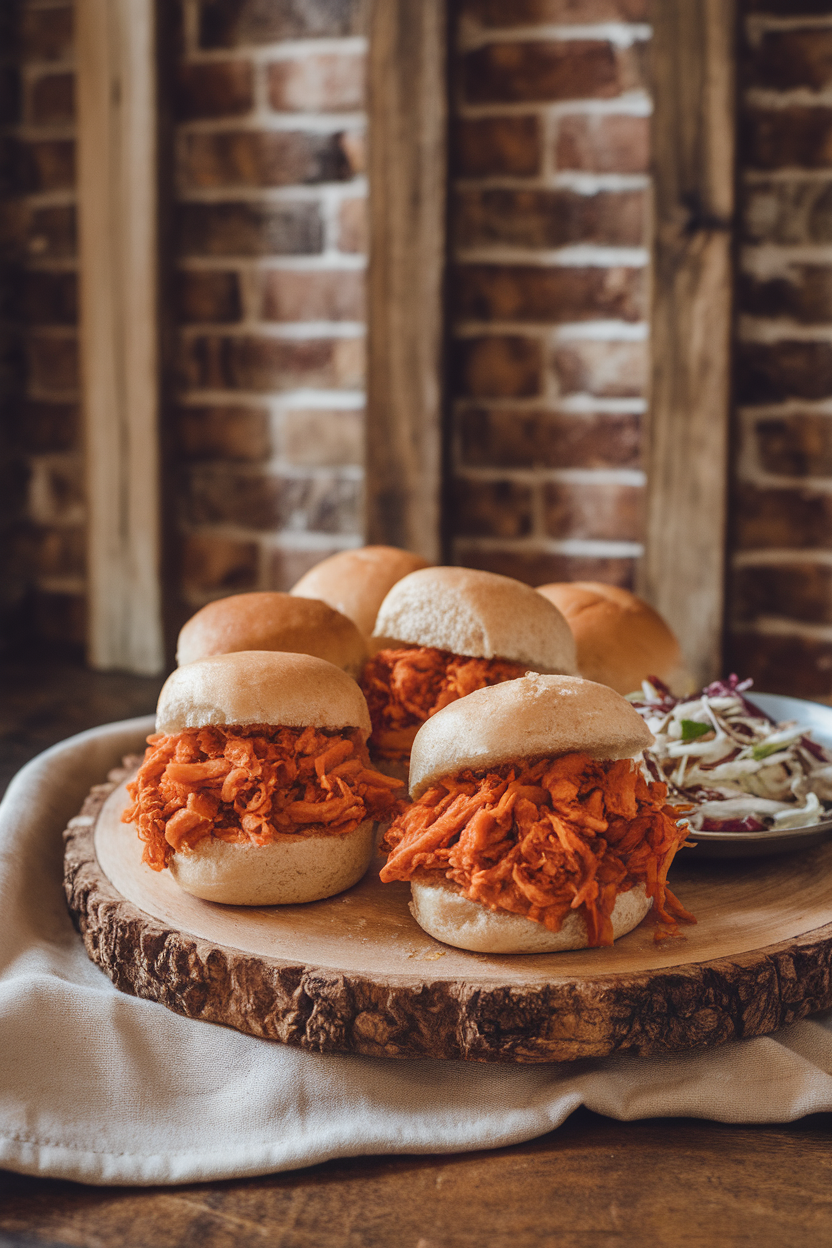 An indoor serving board with mini whole-grain buns filled with saucy shredded jackfruit and a side of slaw. No text or logos, photo style.