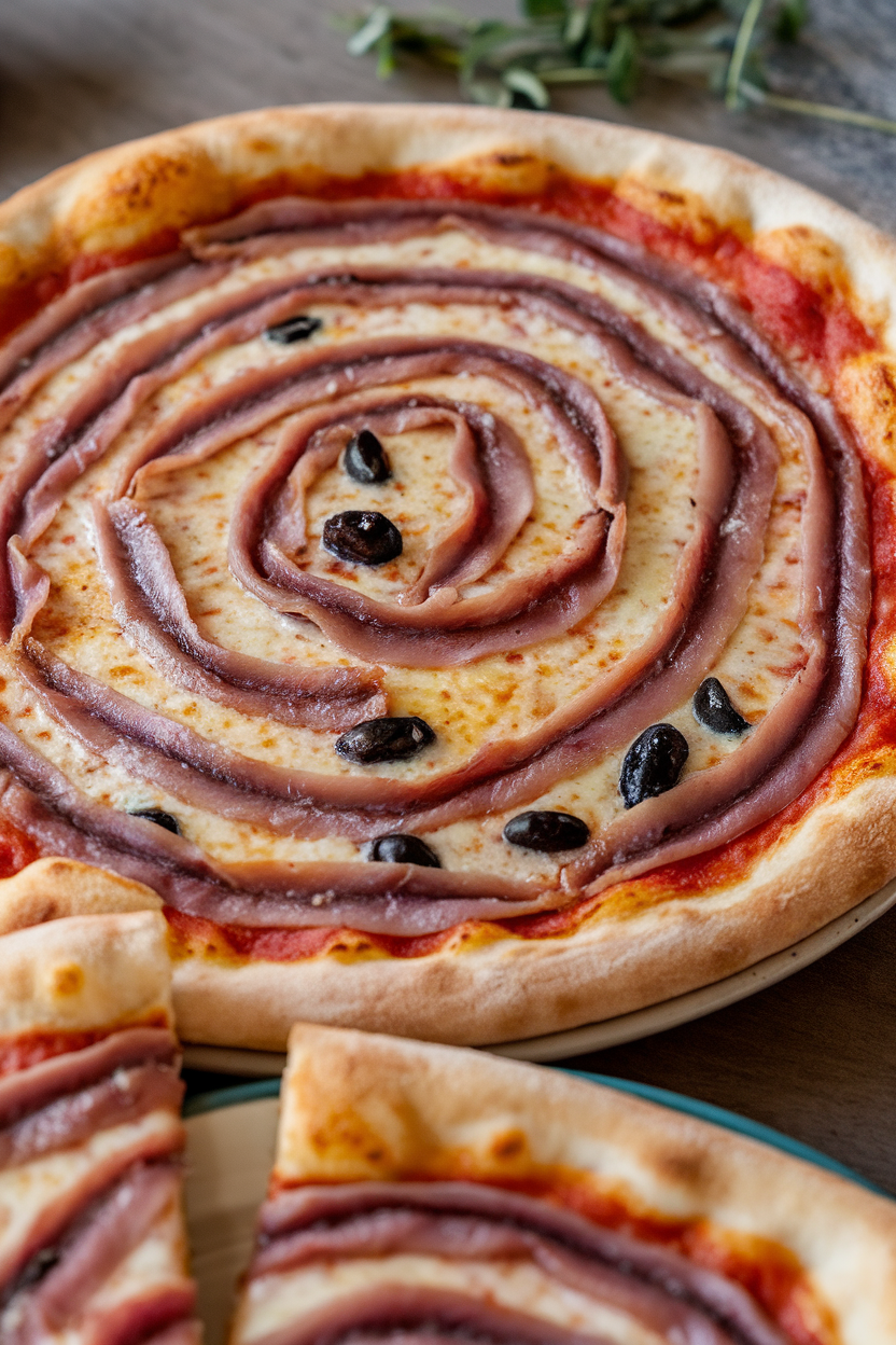 Indoor photo of a pizza where anchovy fillets spiral outward like tentacles over an olive-studded surface. Photo only, no text or logos.
