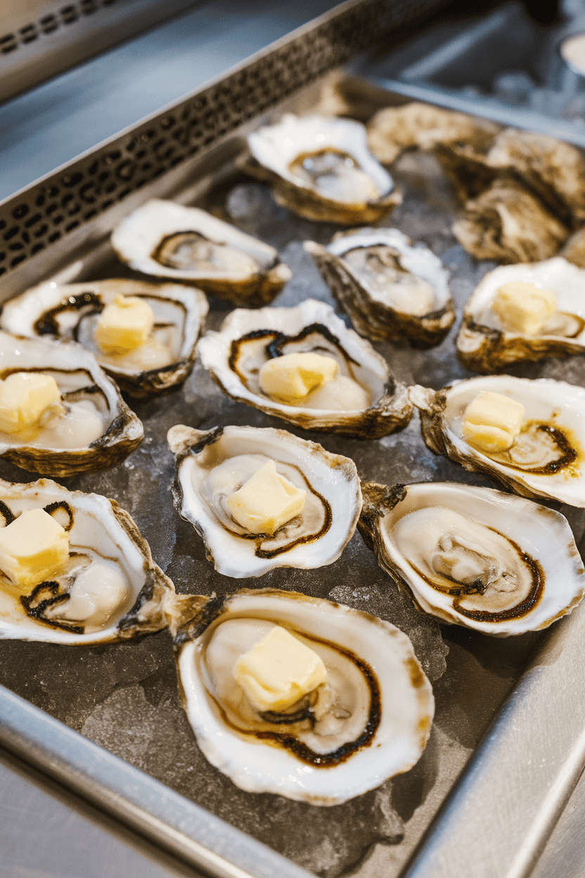 Indoor counter displaying cooked oysters on the half shell topped with Cajun butter, faint char marks around edges. No text or logos present. Photo, not illustration.