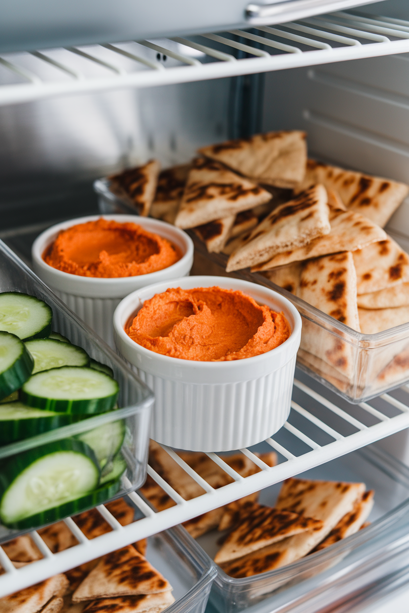 Photo, indoor fridge shelf view of ramekins of red pepper hummus paired with sliced cucumbers and pita triangles; no text or logos.