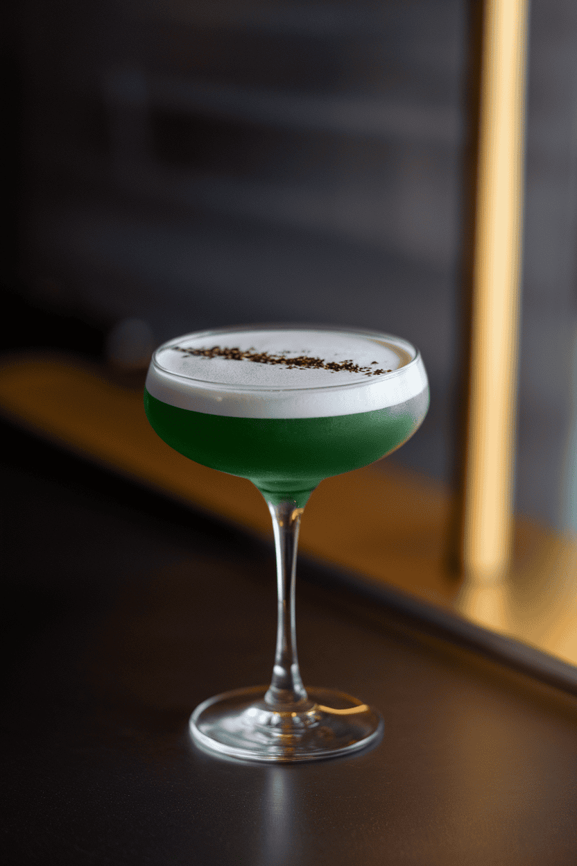 Indoor sleek bar with martini glass of deep jade cocktail, thin line of black sesame powder across foam; no text or logos, photo.