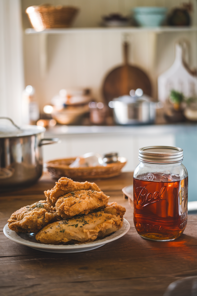 Indoor southern kitchen scene with fried chicken breasts next to a mason jar of brewed sweet tea, photo only, no text or logos