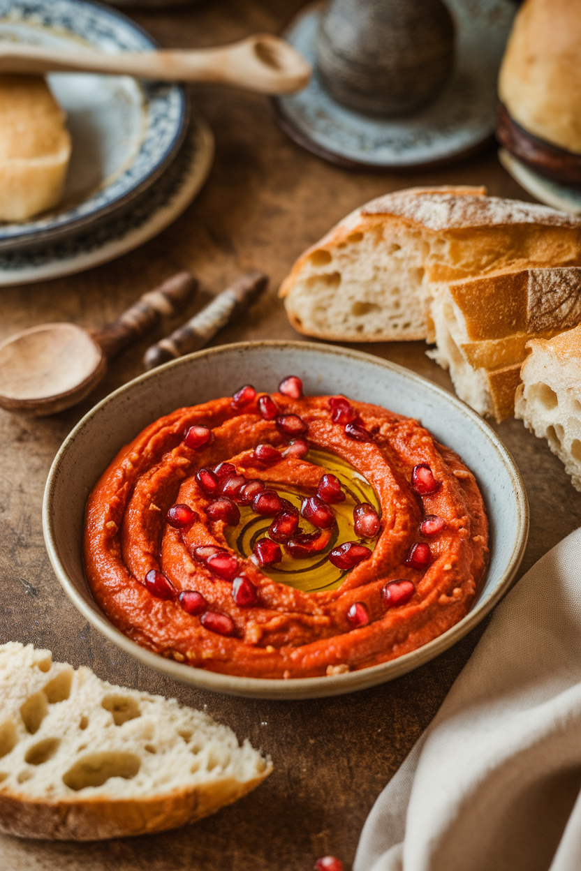 Photo of a rustic indoor table featuring a shallow bowl of red pepper and walnut muhammara, swirled with olive oil and sprinkled with pomegranate seeds; no text or logos.