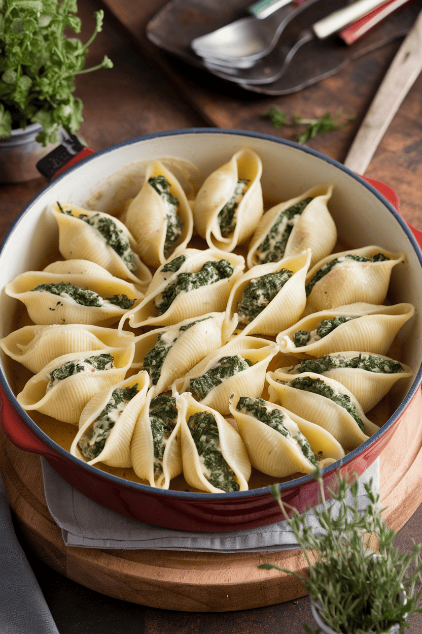 Indoor casserole dish of jumbo pasta shells stuffed with green spinach-ricotta filling, lightly coated in white béchamel sauce. Photo only, no text or logos.