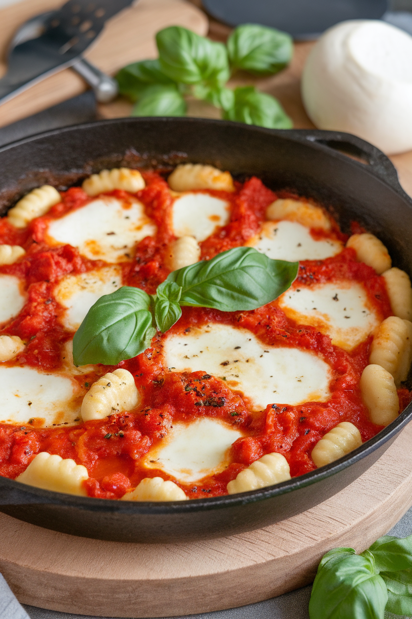 Indoor photo of a skillet of baked gnocchi—pillowy gnocchi in tomato sauce, pockets of melted mozzarella, basil leaves on top. No text or logos.