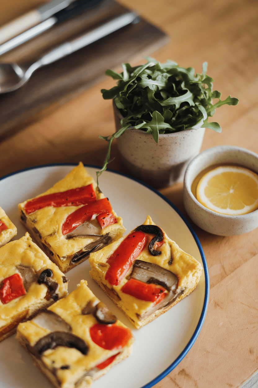 Warm indoor photo of small frittata squares with visible roasted veggies, alongside a handful of baby arugula with lemon dressing in a separate cup; no text or logos.