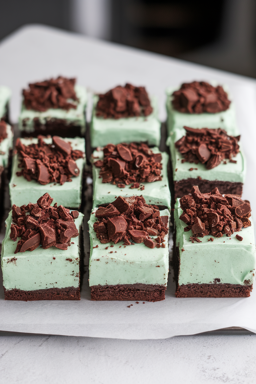 Indoor photo of square brownies frosted with pale mint-green icing, topped with crushed chocolate cookies resembling cauldron bubbles; no text or logos