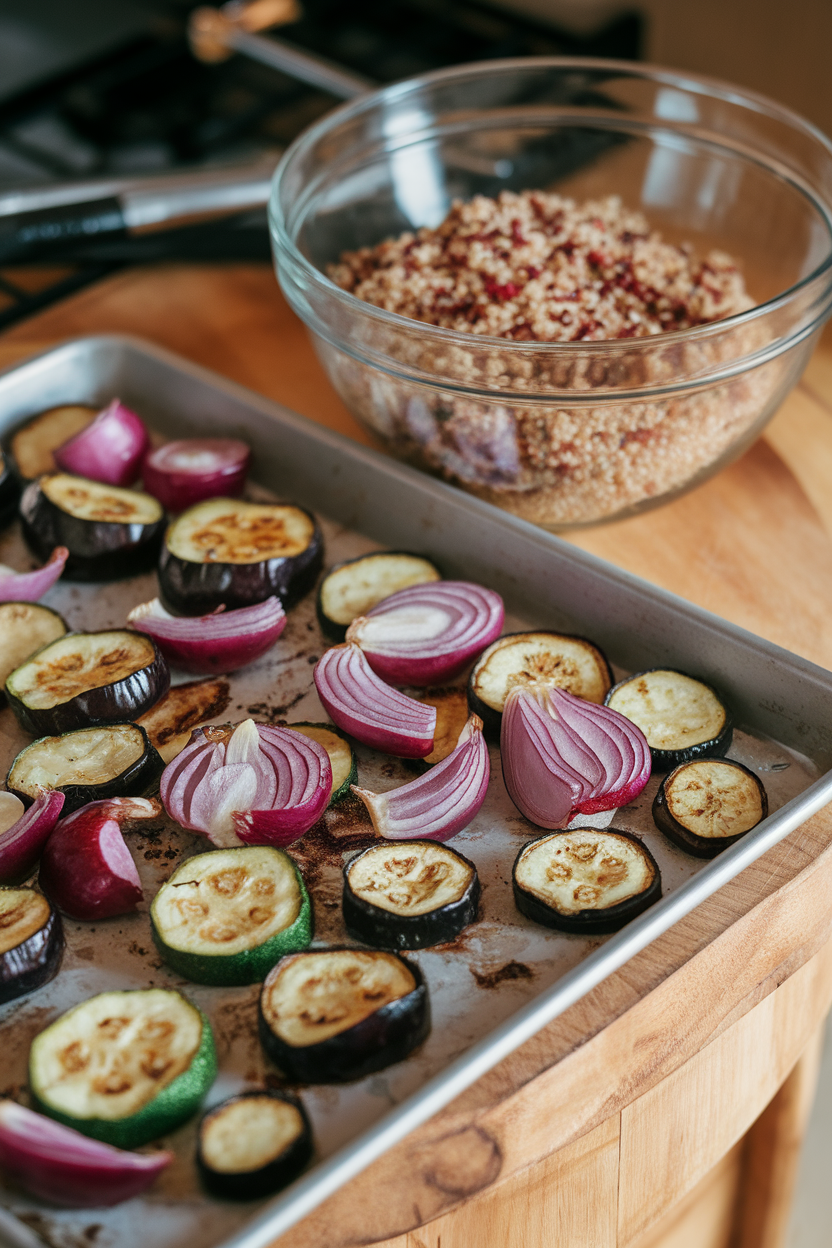 Warm indoor lighting over a sheet pan filled with roasted zucchini, eggplant, and red onion beside a mixing bowl of quinoa; no visible text or logos.