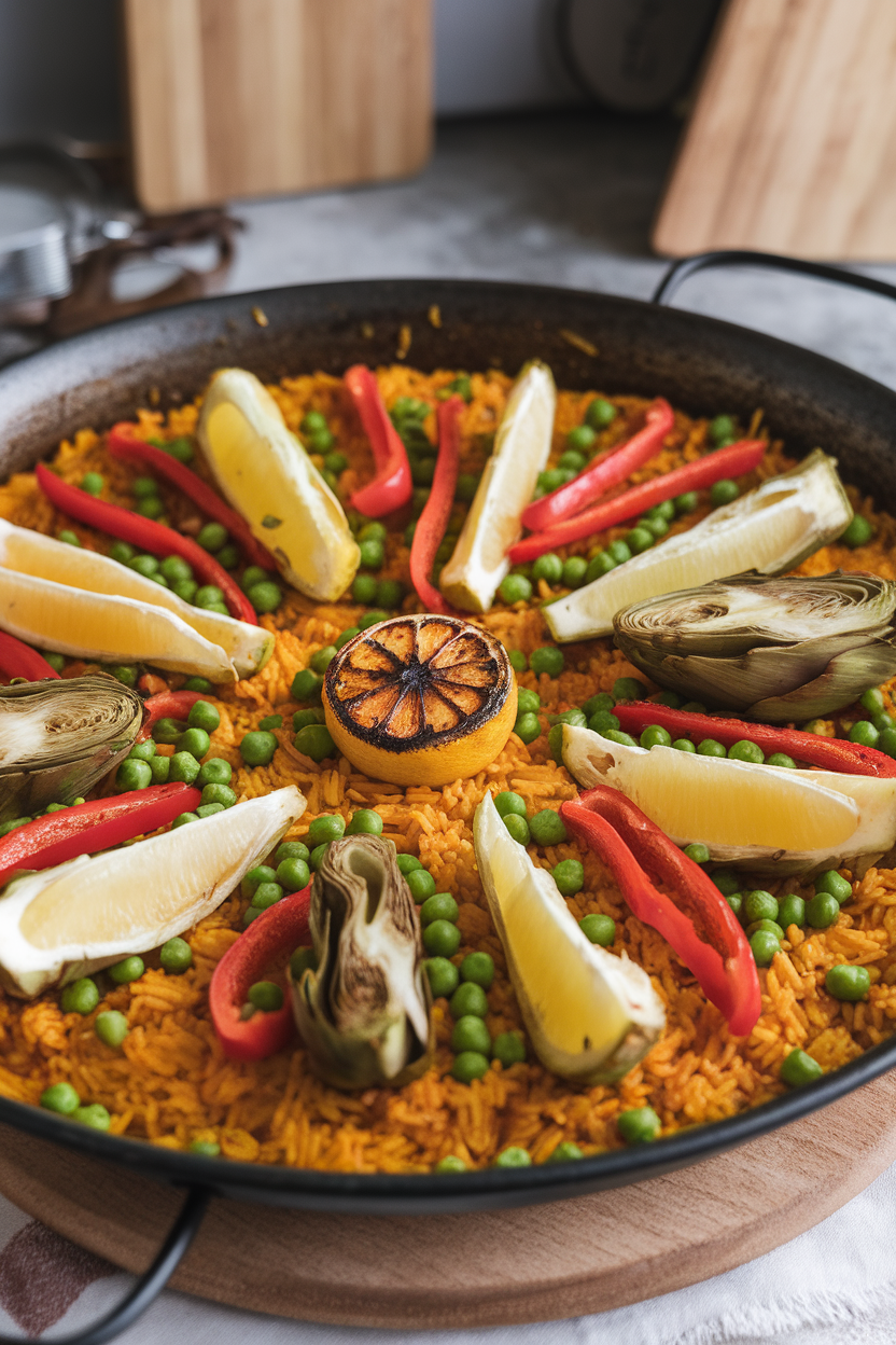 Photo of a wide paella pan indoors filled with saffron rice, artichokes, bell peppers, peas, and charred lemon halves; no text or logos.