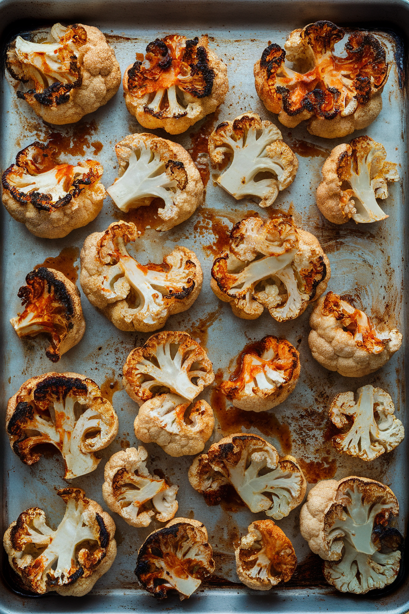 Photo, indoor baking sheet showing thick cauliflower slices coated in red harissa glaze, slightly charred edges; no text or logos.
