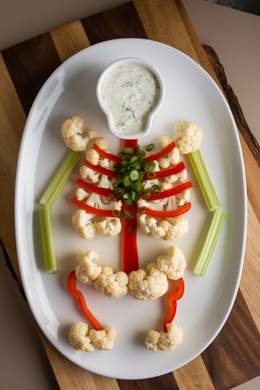 Indoor photo showing a large white platter with a skeleton shape made from cauliflower florets (skull and bones), celery ribs (arms and legs), red bell pepper strips (rib cage), and a ramekin of ranch dip as the head. Overhead lighting, no text or logos.